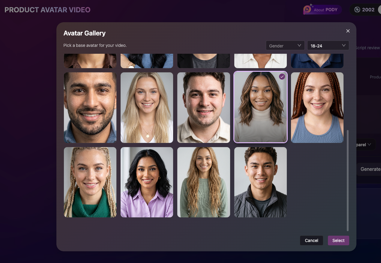 Avatar gallery for picking a matching AI presenter
