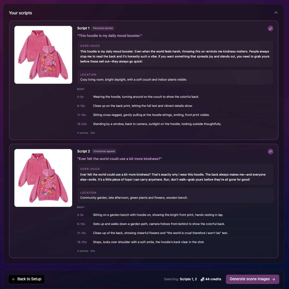 Reviewing two generated UGC-style scripts before picking one to render