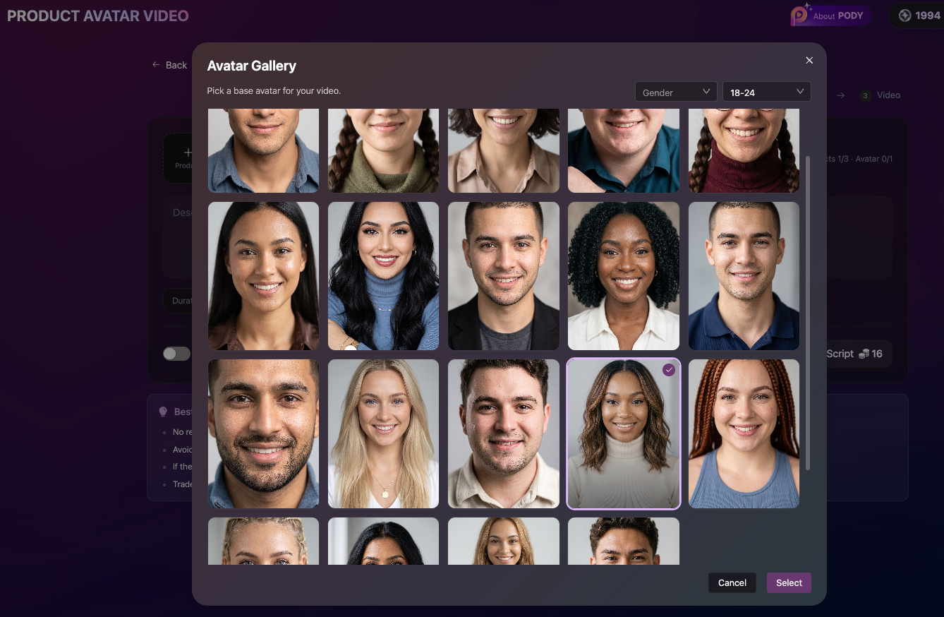 Choose AI Avatar for UGC video