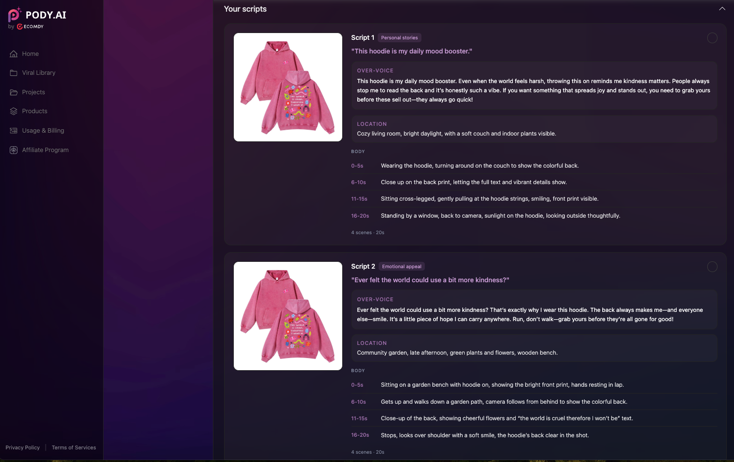Pody AI UGC script approval screen
