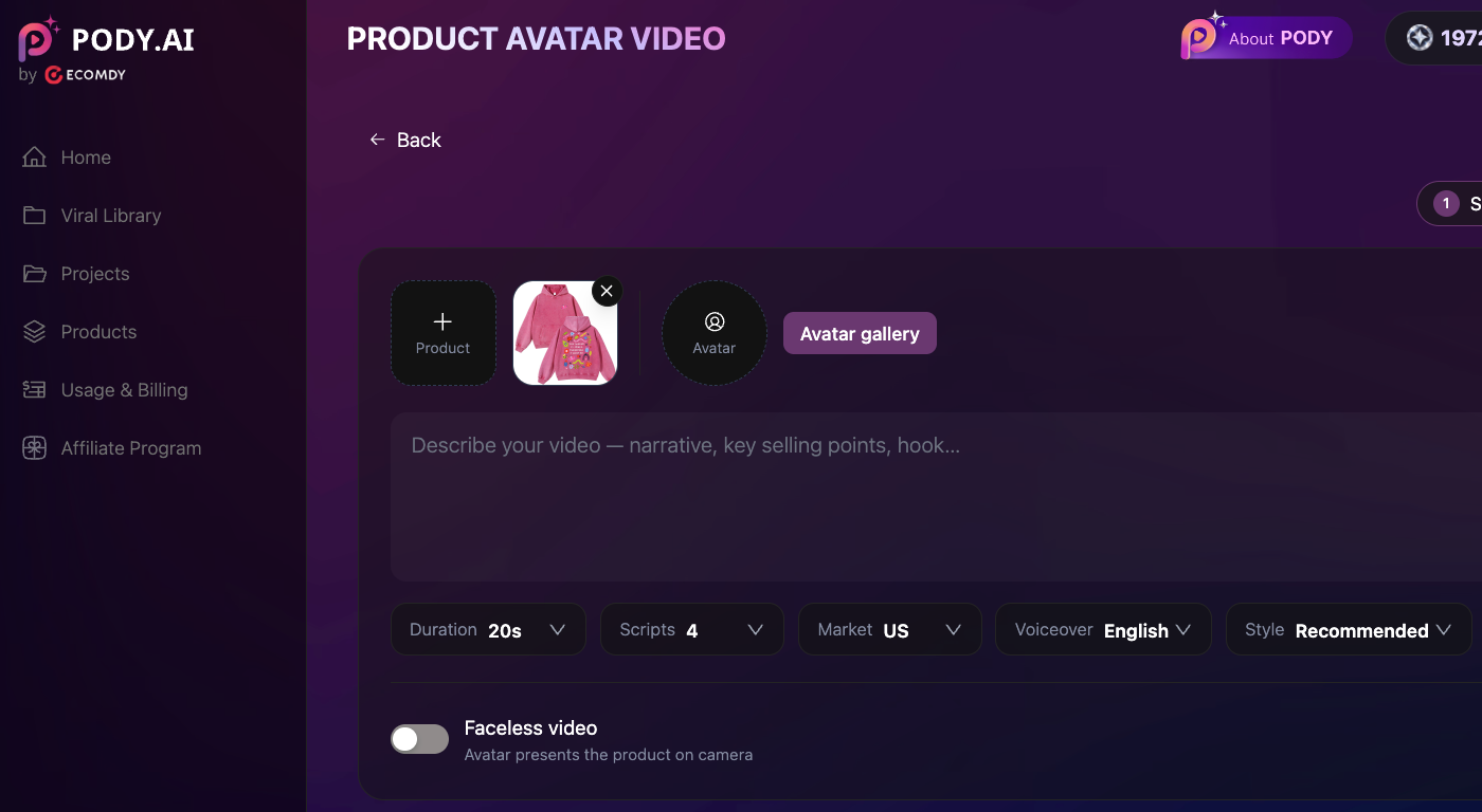 Upload product image to Pody AI UGC generator
