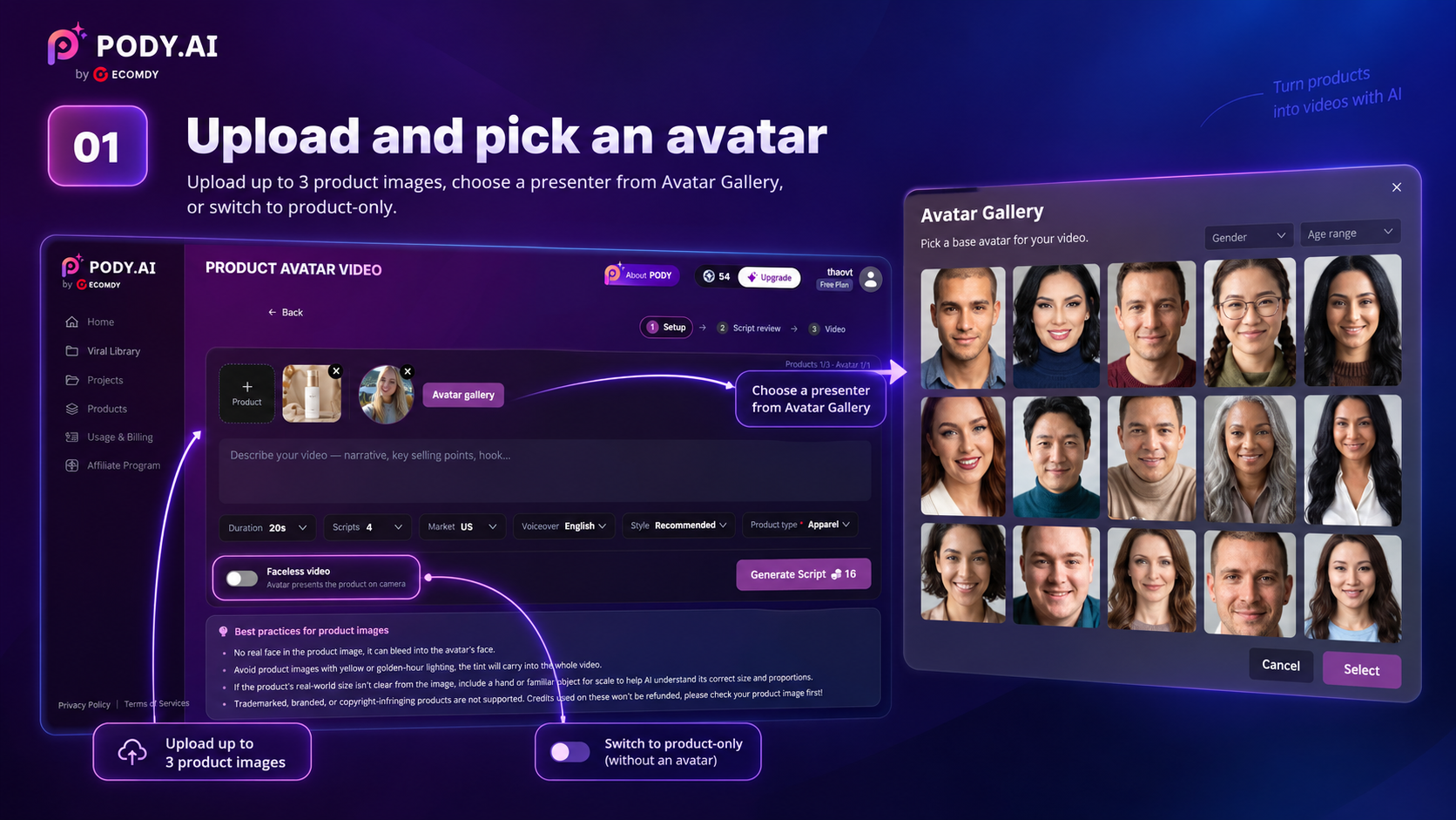 Upload product images and pick an avatar for an AI UGC video