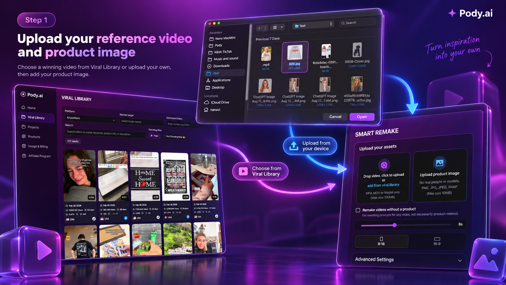 Upload a reference video and product image for AI Smart Remake
