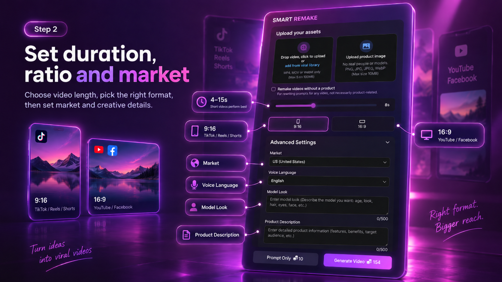 Set output duration, aspect ratio and target market for Smart Remake